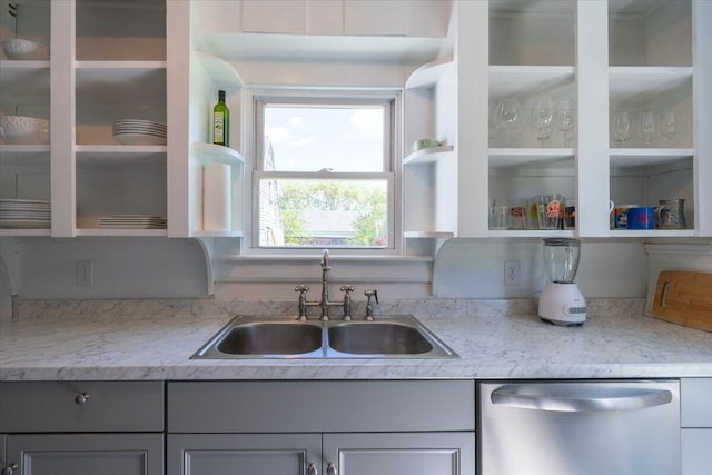 3 Salt Pond Rd, Friendship, ME 04547 - kitchen featuring stainless steel dishwasher, gray cabinetry, and open shelves