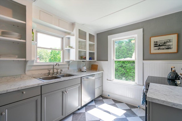3 Salt Pond Rd, Friendship, ME 04547 - kitchen featuring dishwasher, gray cabinets, open shelves, a wainscoted wall, and glass insert cabinets