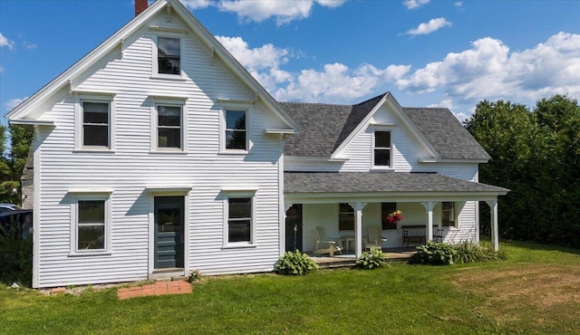 3 Salt Pond Rd, Friendship, ME 04547 - view of front of home with a front yard, a shingled roof, a porch, and a chimney