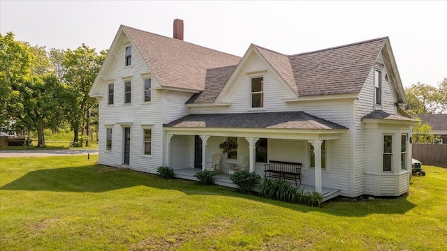 3 Salt Pond Rd, Friendship, ME 04547 - view of front of house with a shingled roof, a porch, a front yard, and a chimney