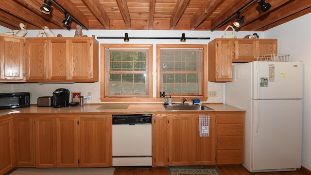 105 Highland Pines Rd, Bridgton, ME 04009 - kitchen with white appliances, a wood ceiling with exposed beams, track lighting, light countertops, and light wood finished floors