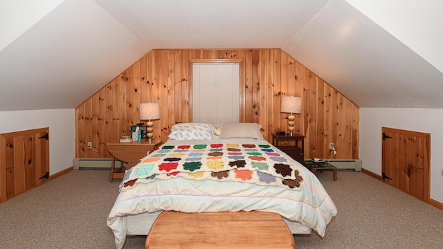 105 Highland Pines Rd, Bridgton, ME 04009 - bedroom featuring a baseboard heating unit, vaulted ceiling, wood walls, and carpet floors