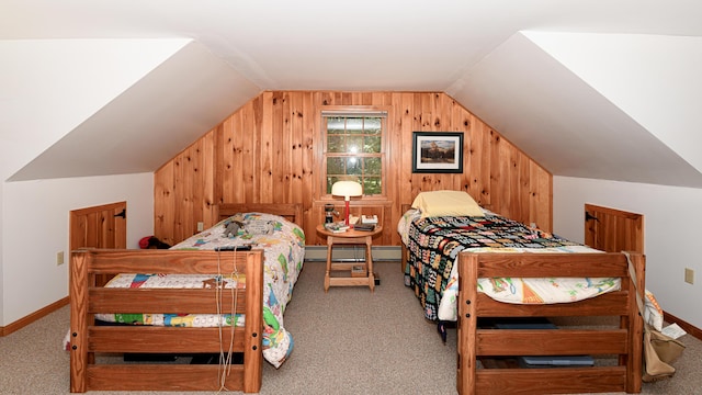 105 Highland Pines Rd, Bridgton, ME 04009 - bedroom with carpet, a baseboard heating unit, lofted ceiling, and wood walls