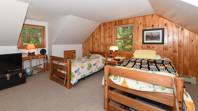 105 Highland Pines Rd, Bridgton, ME 04009 - carpeted bedroom featuring lofted ceiling, baseboard heating, and wooden walls