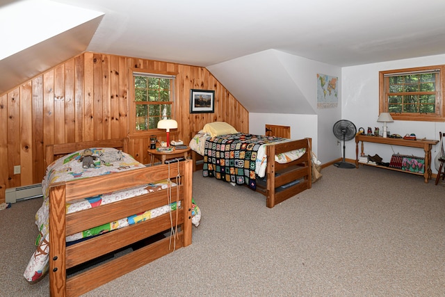 105 Highland Pines Rd, Bridgton, ME 04009 - carpeted bedroom with vaulted ceiling, wood walls, and baseboard heating