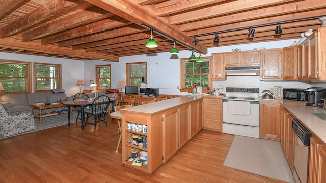 105 Highland Pines Rd, Bridgton, ME 04009 - kitchen with electric range, range hood, dishwasher, light wood-style flooring, and a peninsula