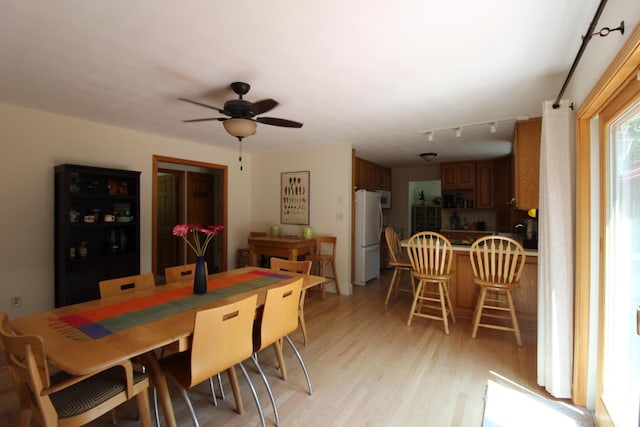 429 Moosehead Trail Highway, Waldo, ME 04915 - dining room with light wood-type flooring, a ceiling fan, and track lighting