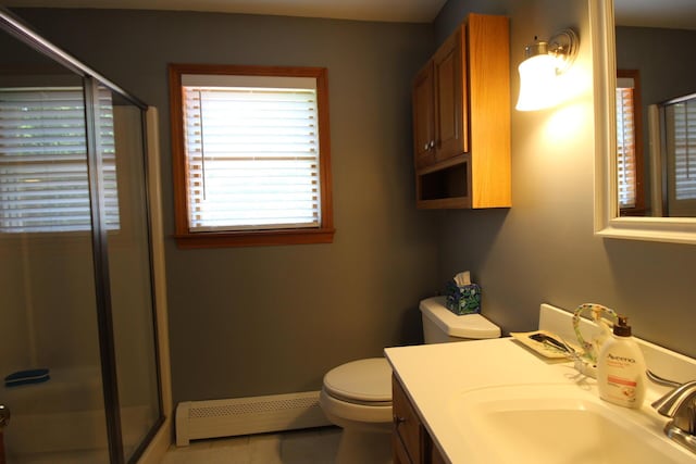 429 Moosehead Trail Highway, Waldo, ME 04915 - bathroom featuring a baseboard radiator, a shower stall, tile patterned flooring, and vanity