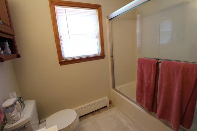 429 Moosehead Trail Highway, Waldo, ME 04915 - full bathroom featuring a baseboard radiator, bath / shower combo with glass door, and tile patterned floors