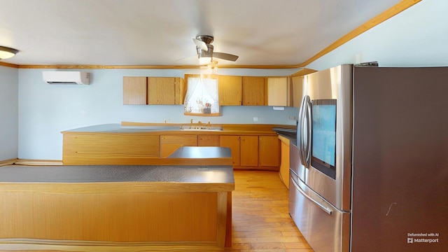 37 Mill St, Enfield, ME 04493 - kitchen with smart refrigerator, a wall mounted air conditioner, light wood-type flooring, a peninsula, and ornamental molding