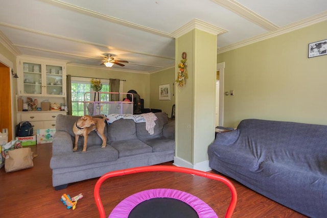 210 Middle St, Farmington, ME 04938 - living room with wood finished floors, ceiling fan, and crown molding
