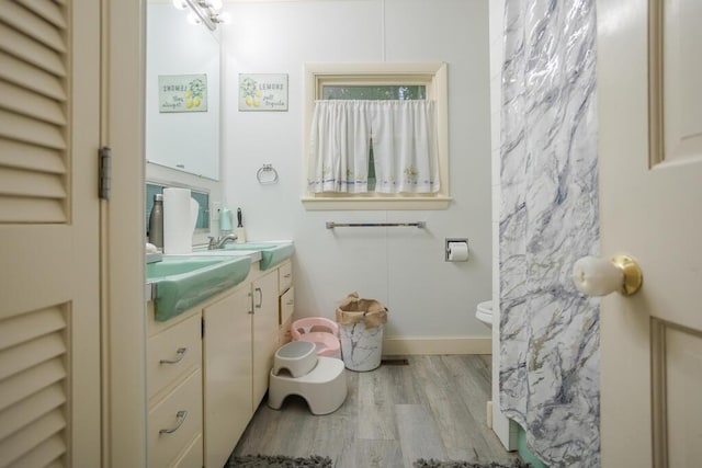 210 Middle St, Farmington, ME 04938 - bathroom featuring vanity, wood finished floors, and a shower with curtain