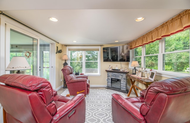 3 Pondview Dr, Lewiston, ME 04240 - living area with recessed lighting and a fireplace