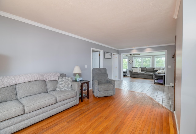 3 Pondview Dr, Lewiston, ME 04240 - living room featuring light wood-style flooring, ornamental molding, and ceiling fan