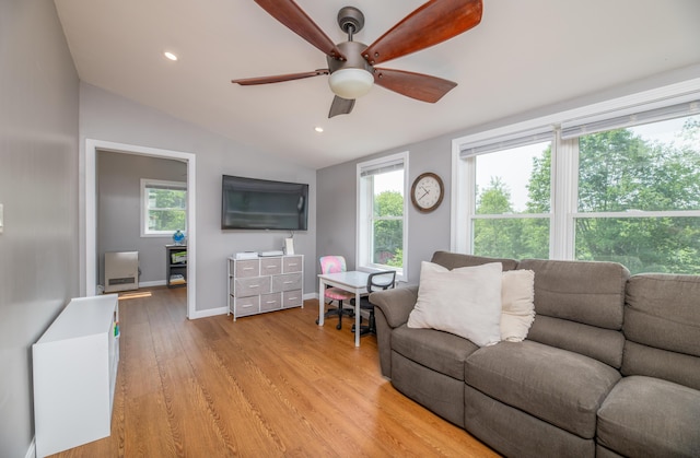 3 Pondview Dr, Lewiston, ME 04240 - living area featuring vaulted ceiling, a ceiling fan, light wood-type flooring, and recessed lighting