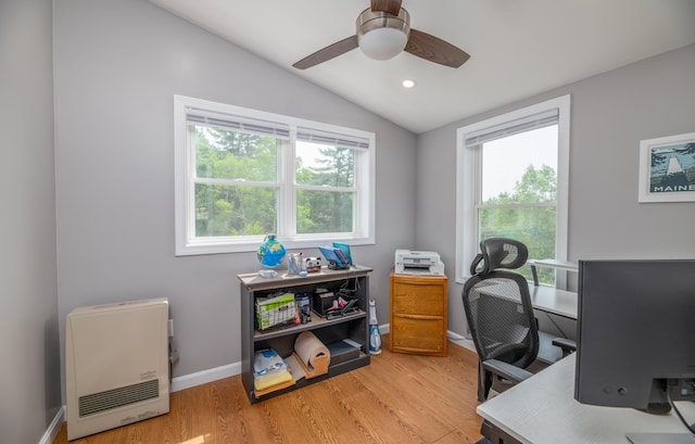 3 Pondview Dr, Lewiston, ME 04240 - office featuring heating unit, vaulted ceiling, healthy amount of natural light, light wood finished floors, and ceiling fan