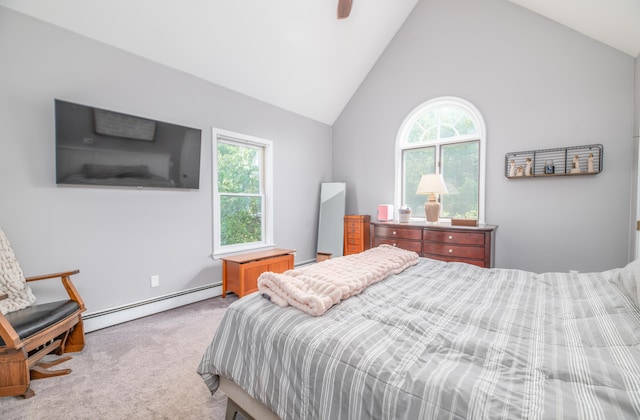3 Pondview Dr, Lewiston, ME 04240 - carpeted bedroom with a baseboard heating unit, ceiling fan, and high vaulted ceiling
