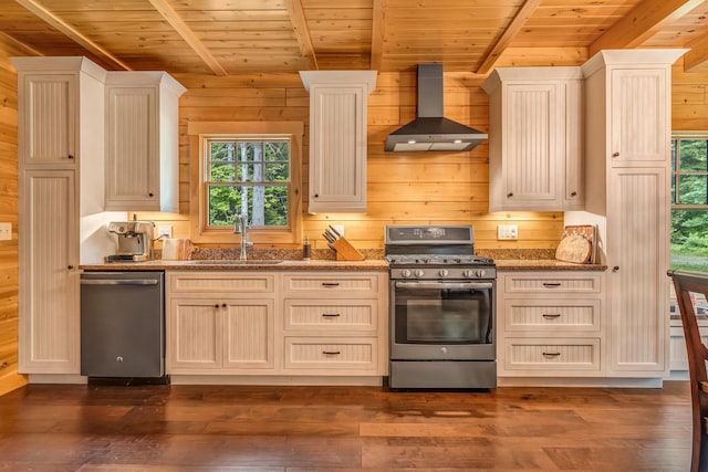 37 Parkhill Point Rd, Belgrade, ME 04917 - kitchen with appliances with stainless steel finishes, wall chimney range hood, a wooden ceiling with exposed beams, plenty of natural light, and wood walls