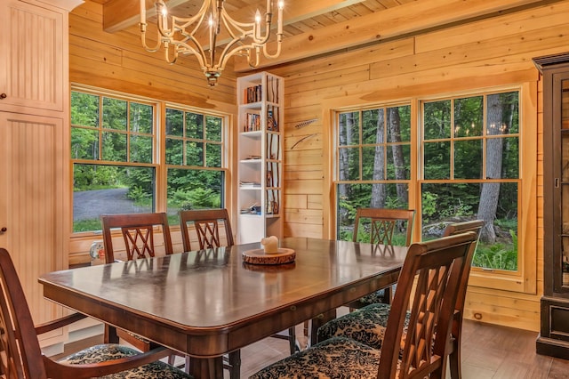 37 Parkhill Point Rd, Belgrade, ME 04917 - dining room with wood walls, a chandelier, plenty of natural light, wood finished floors, and a wooden ceiling with exposed beams