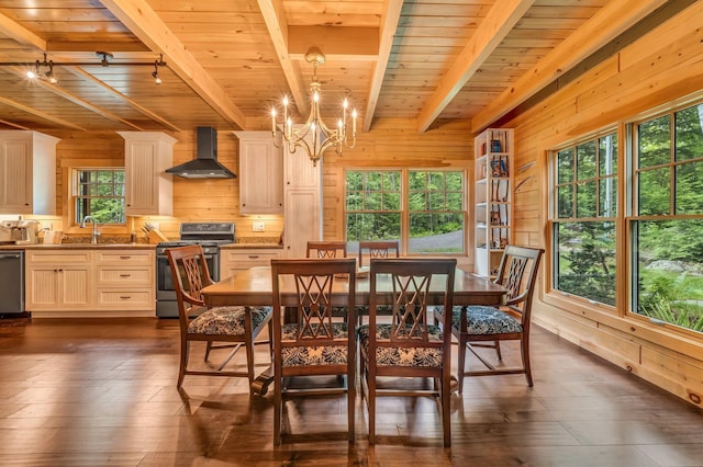 37 Parkhill Point Rd, Belgrade, ME 04917 - dining room featuring a wood ceiling with exposed beams, wooden walls, a chandelier, dark wood finished floors, and rail lighting