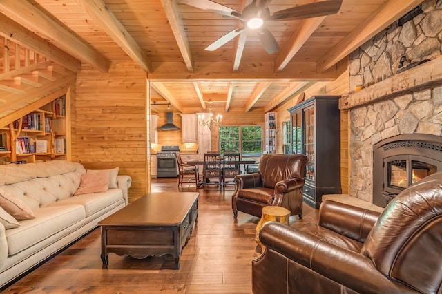 37 Parkhill Point Rd, Belgrade, ME 04917 - living room featuring hardwood / wood-style floors, wooden walls, a chandelier, ceiling fan, and a stone fireplace