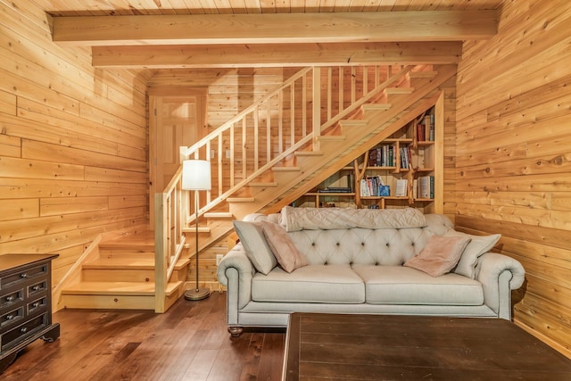 37 Parkhill Point Rd, Belgrade, ME 04917 - living area featuring wooden walls, hardwood / wood-style floors, stairs, and a wooden ceiling with exposed beams