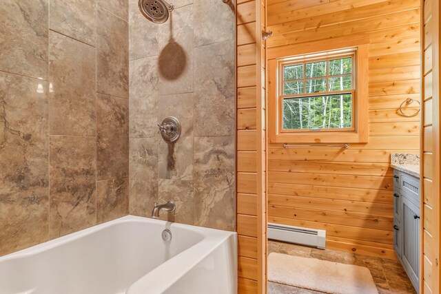 37 Parkhill Point Rd, Belgrade, ME 04917 - full bath featuring a baseboard radiator, vanity, wood walls, and  shower combination