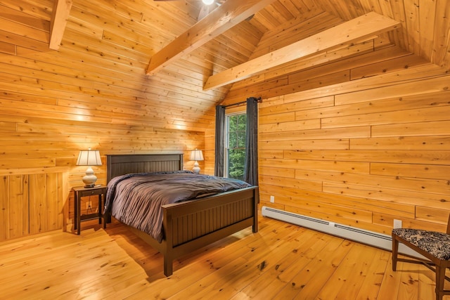 37 Parkhill Point Rd, Belgrade, ME 04917 - bedroom featuring baseboard heating, wooden ceiling, wooden walls, and light wood-style floors