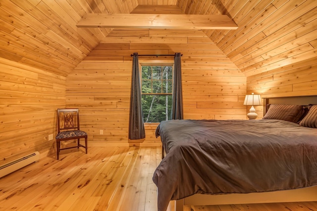 37 Parkhill Point Rd, Belgrade, ME 04917 - bedroom with wooden ceiling, a baseboard heating unit, wooden walls, light wood-style floors, and lofted ceiling