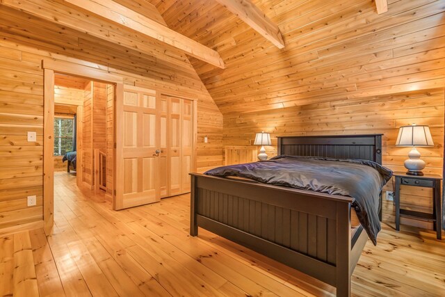 37 Parkhill Point Rd, Belgrade, ME 04917 - bedroom featuring wooden walls, light wood finished floors, and wood ceiling