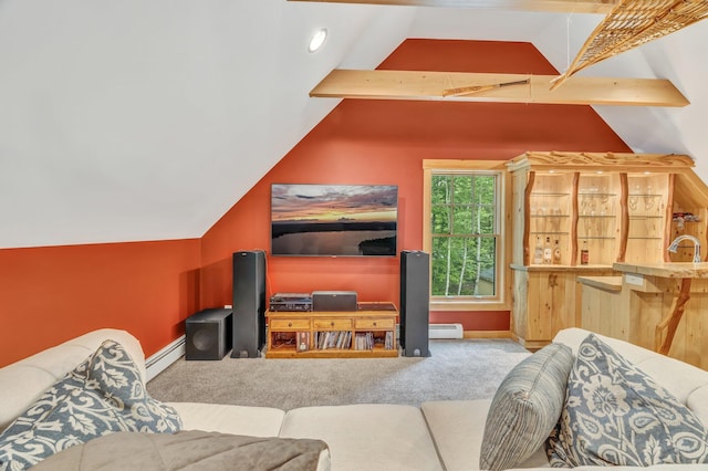37 Parkhill Point Rd, Belgrade, ME 04917 - carpeted living area with lofted ceiling and a baseboard radiator