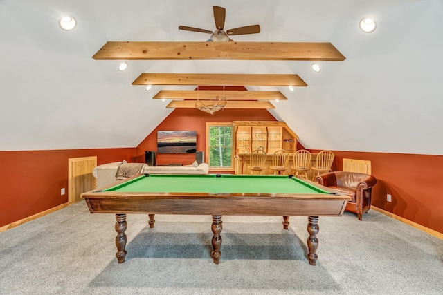 37 Parkhill Point Rd, Belgrade, ME 04917 - recreation room with carpet, pool table, recessed lighting, and a ceiling fan