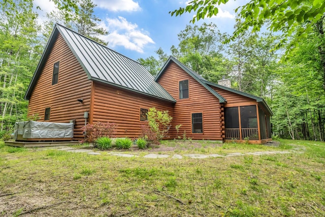 37 Parkhill Point Rd, Belgrade, ME 04917 - back of house featuring a standing seam roof, a chimney, a sunroom, a metal roof, and log siding