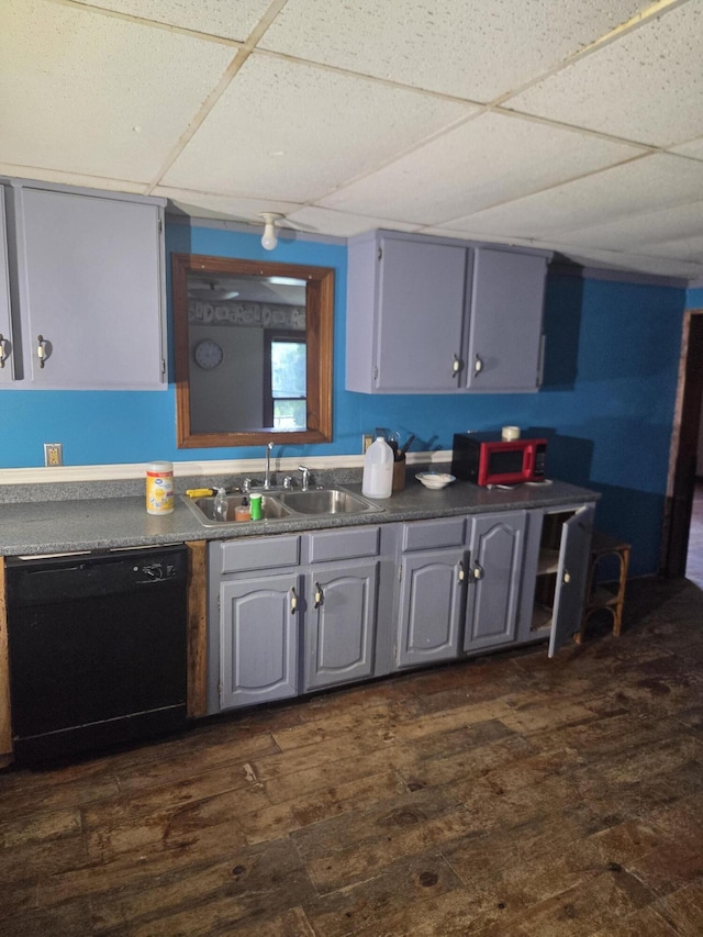 192 Old Bangor Rd, Newport, ME 04953 - kitchen with dishwasher, a paneled ceiling, dark wood finished floors, and gray cabinets