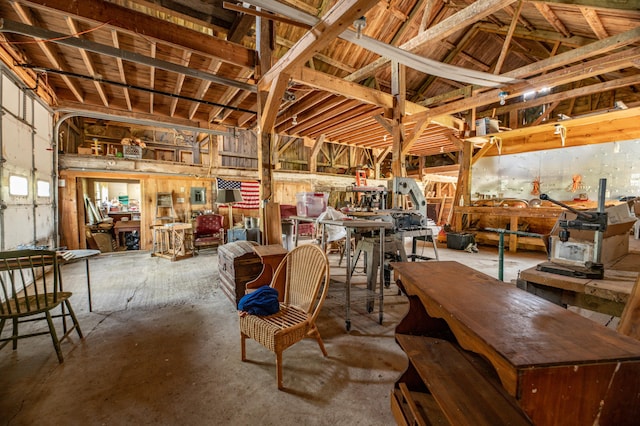 1785 Alna Rd, Alna, ME 04535 - miscellaneous room featuring concrete floors, a workshop area, and lofted ceiling