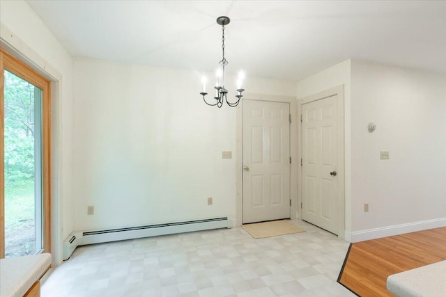 404 Lower Round Pond Rd, Bristol, ME 04539 - unfurnished dining area with a baseboard heating unit, a chandelier, and light flooring