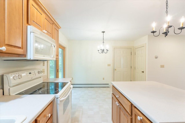 404 Lower Round Pond Rd, Bristol, ME 04539 - kitchen featuring a chandelier, white appliances, baseboard heating, light floors, and light countertops
