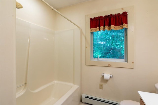 404 Lower Round Pond Rd, Bristol, ME 04539 - bathroom with a baseboard heating unit, vanity, and shower / bath combination