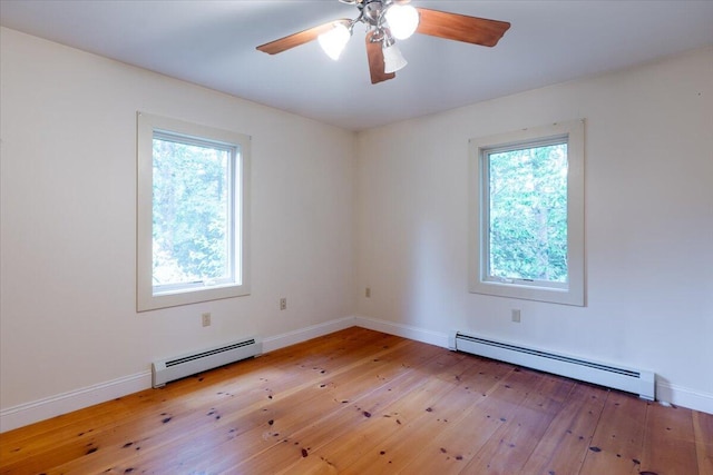 404 Lower Round Pond Rd, Bristol, ME 04539 - spare room with baseboard heating, wood-type flooring, and a ceiling fan