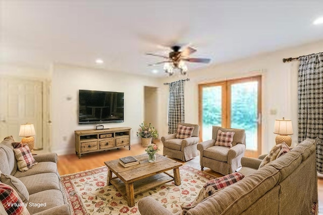 404 Lower Round Pond Rd, Bristol, ME 04539 - living room with ceiling fan, recessed lighting, and wood finished floors