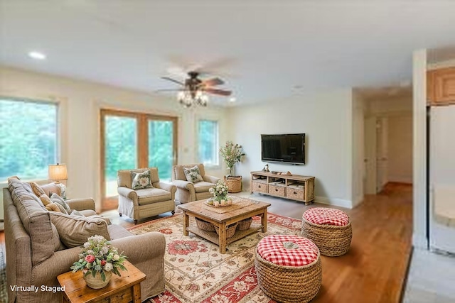 404 Lower Round Pond Rd, Bristol, ME 04539 - living area with ceiling fan, light wood-style flooring, and recessed lighting