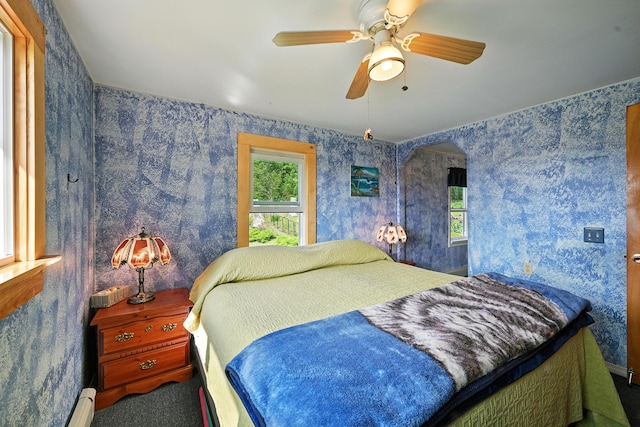 821 China Rd, Albion, ME 04910 - bedroom featuring wallpapered walls, a ceiling fan, and carpet floors