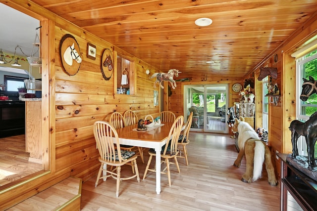821 China Rd, Albion, ME 04910 - dining area with wood ceiling, wood walls, and light wood-style flooring