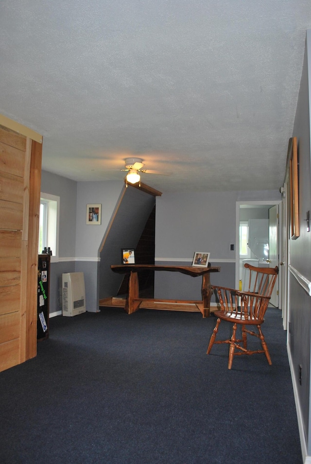 180 Chadbourne Rd, Harmony, ME 04942 - dining area with a textured ceiling, carpet flooring, ceiling fan, and plenty of natural light