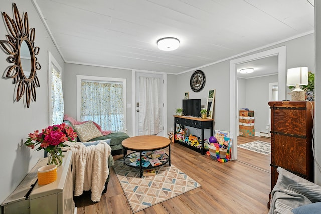 14 Maple St, Lisbon, ME 04252 - living area with light wood-style floors, crown molding, and baseboard heating