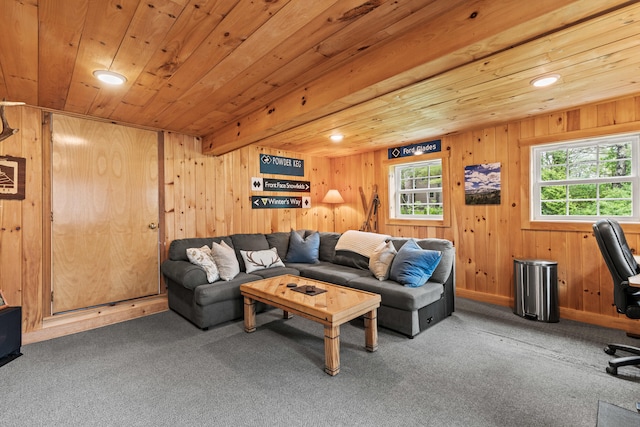 526 E Main St, Yarmouth, ME 04096 - carpeted living area featuring wood ceiling and wood walls