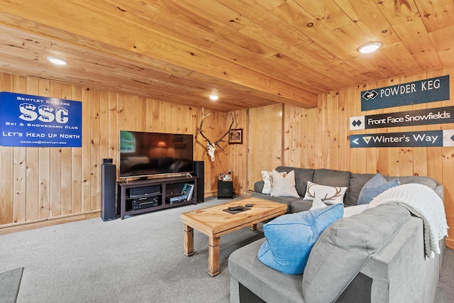 526 E Main St, Yarmouth, ME 04096 - living room featuring wooden ceiling, carpet flooring, wood walls, and recessed lighting