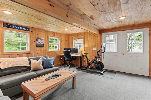 526 E Main St, Yarmouth, ME 04096 - home office with wooden ceiling, carpet flooring, wood walls, and recessed lighting