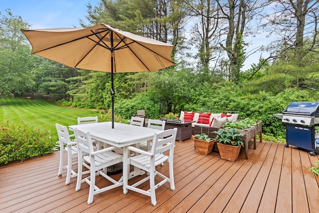526 E Main St, Yarmouth, ME 04096 - deck featuring an outdoor living space, area for grilling, outdoor dining space, and a lawn