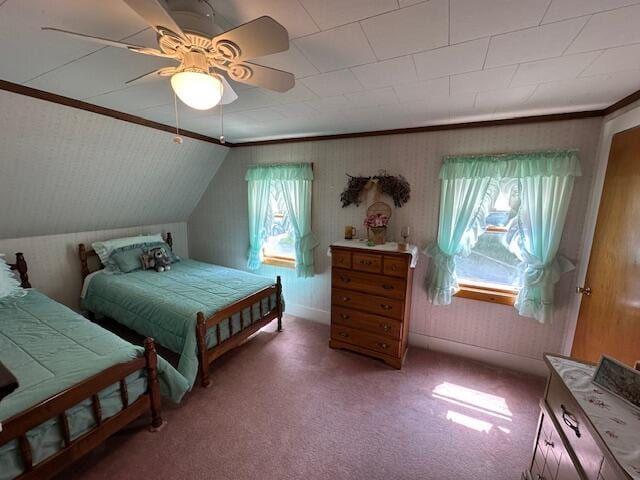 28 Charles St, Belfast, ME 04915 - bedroom with crown molding, light carpet, a ceiling fan, and vaulted ceiling